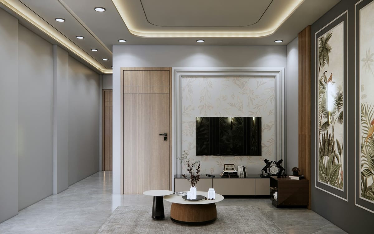 Salón con techo de pladur, foseado de luz indirecta y focos empotrados